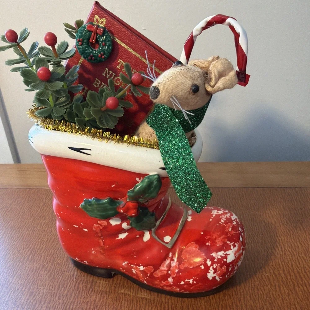 Vintage Lefton Christmas Red Santa‎ Boot Planter Mouse & Book Plastic Holly